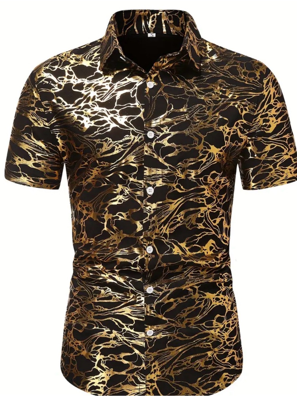 Men's Short-Sleeve Black & Gold Abstract Print Button-Down Shirt